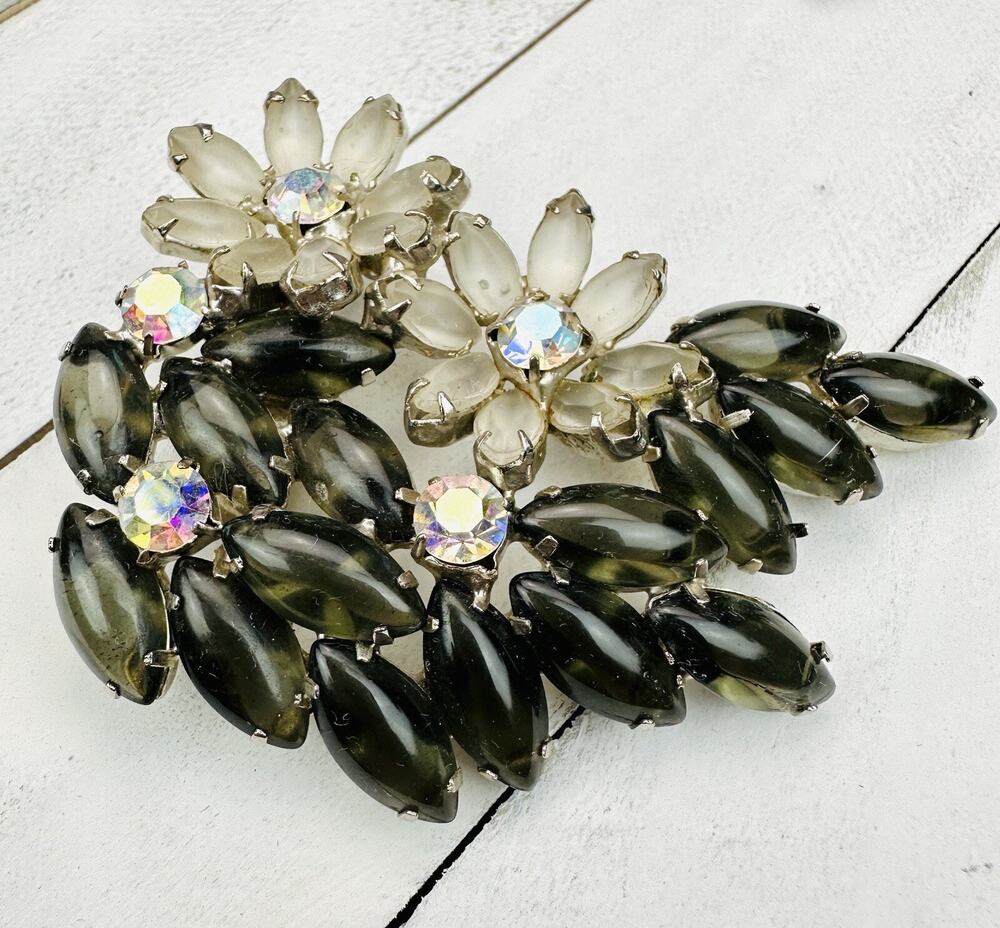 Vintage Smokey Frosted AB Rhinestone Flower Marquise Large Brooch Pin